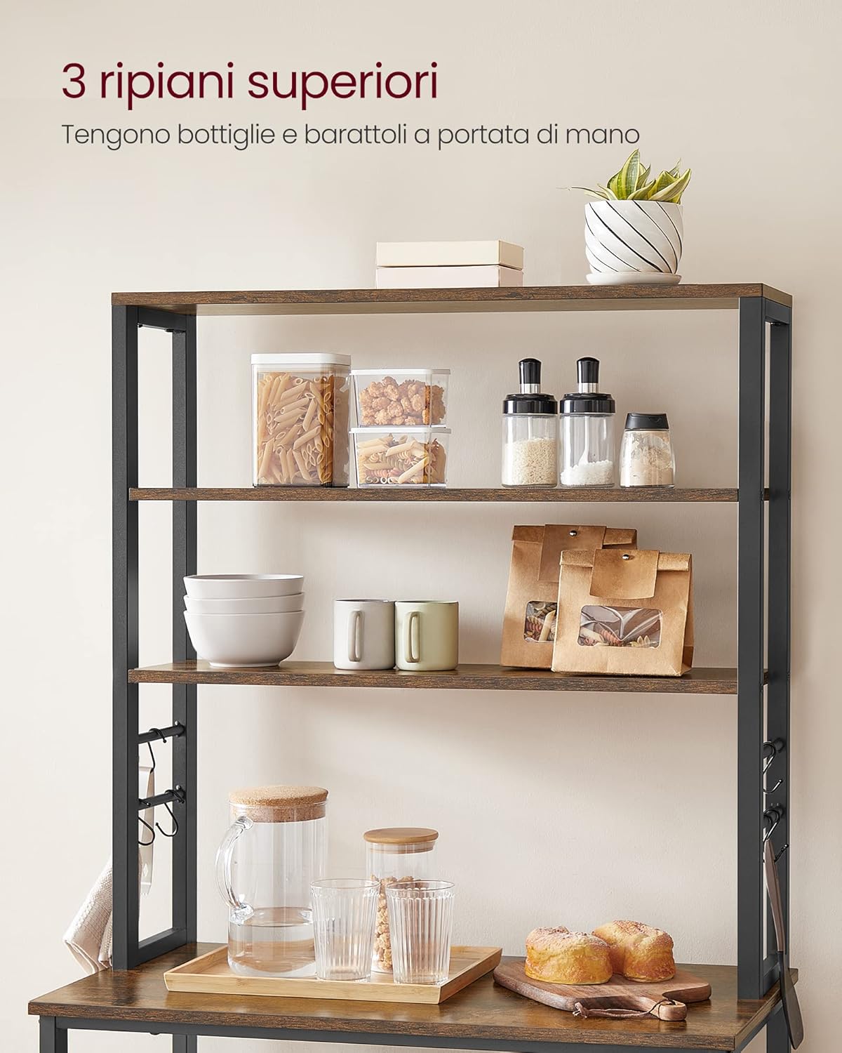 Scaffale Cucina, Supporto per Microonde, 6 Ripiani, 6 Ganci, Acciaio, Industriale, 40 x 80 x 167 cm, Marrone e Nero - 3