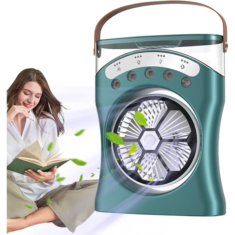Akumulatorowy wentylator z rozpylaczem wody i światłem, obrót o 180 stopni, 3-biegowy wentylator chłodzący, zielony