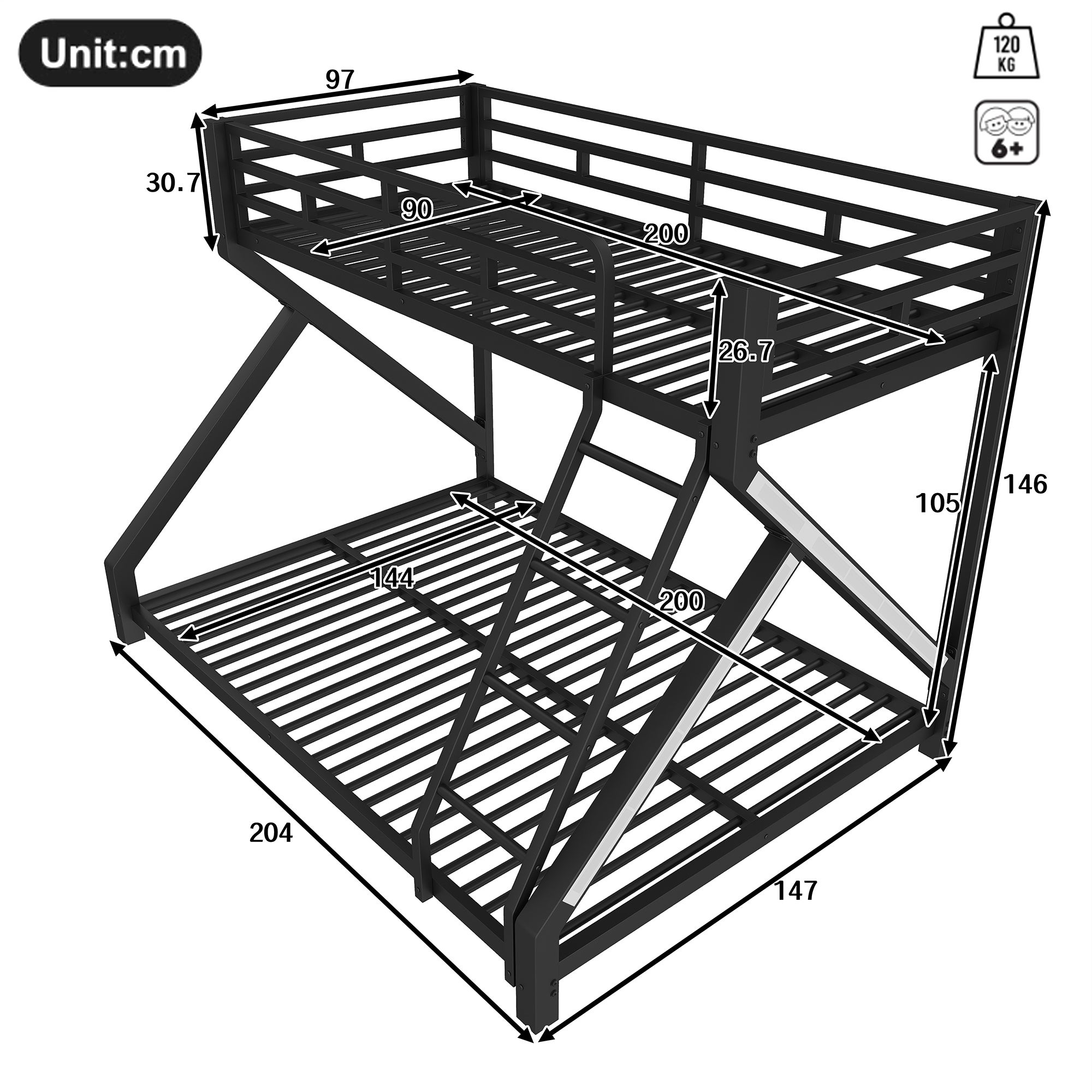 Lit superposé évolutif 90x200 / 140x200 avec LED et sécurité renforcée - Structure métal, garde-corps et échelle - Noir (sans matelas) - 5