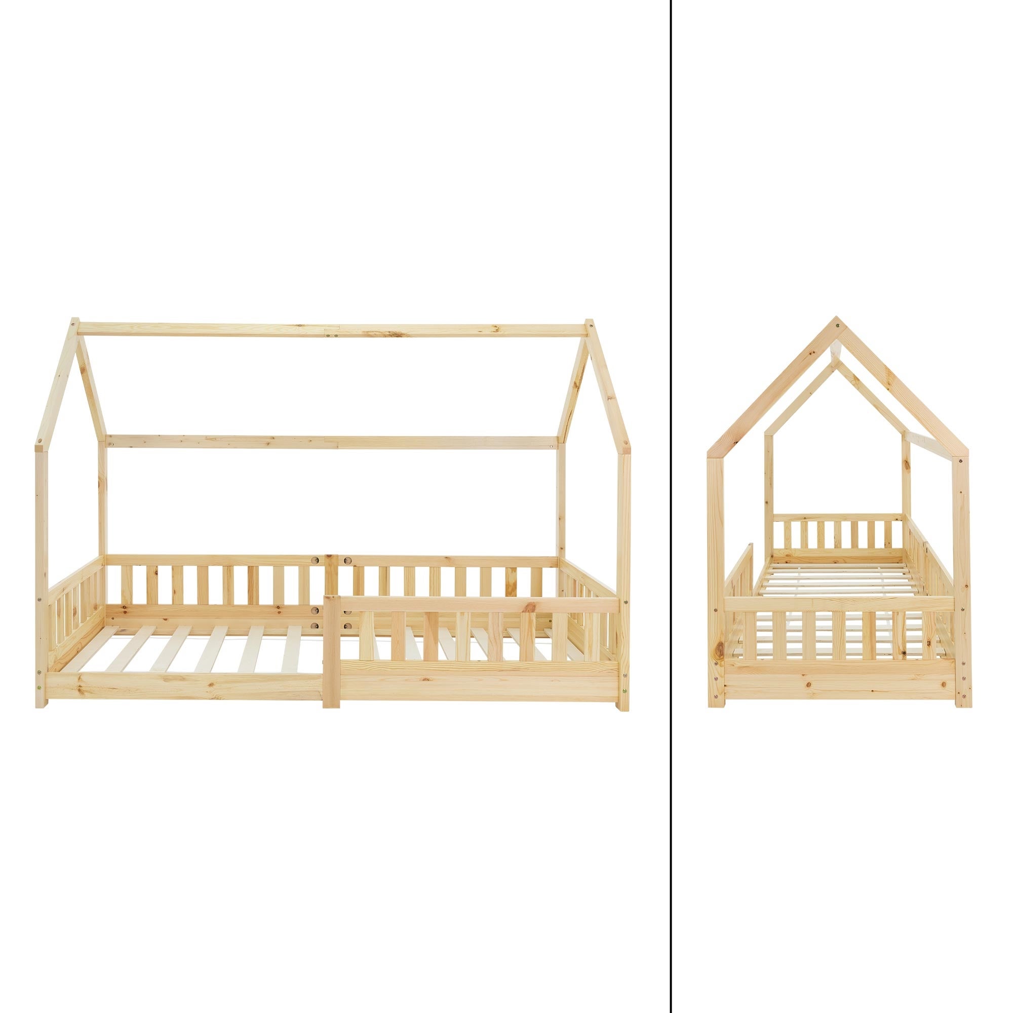 Lit cabane enfant 90x200 cm naturel en bois massif avec protection antichute, toit et sommier à lattes, couchage au bas maisonnette - 2