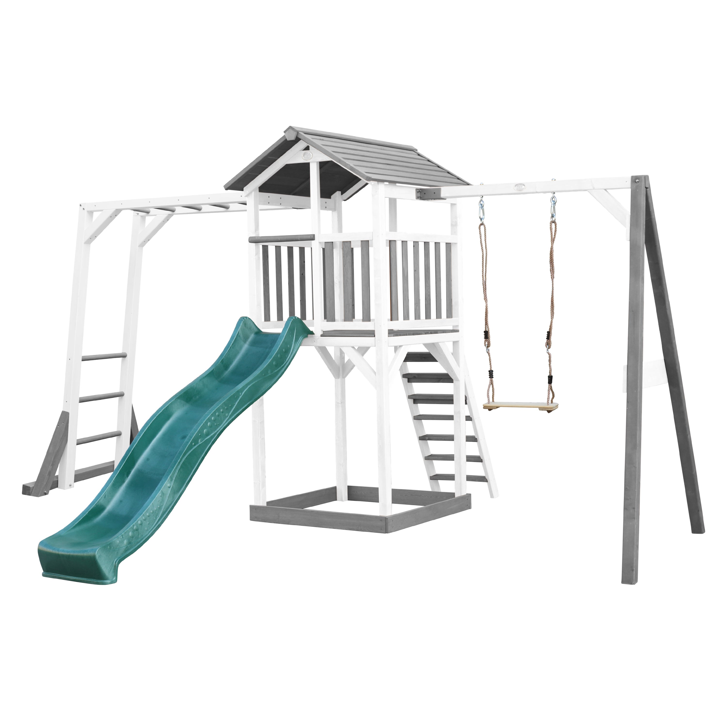 FATMOOSE Torre De Juego FriendlyFrenzy Fun XXL Con Columpio Y Tobogán Verde Manzana – Parque Infantil Exterior Con Arenero Y Escalera Para Jardín