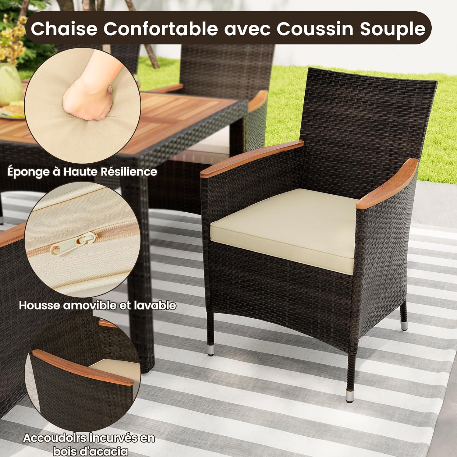 Conjunto de 1 mesa e 8 cadeiras empilháveis, com orifício para guarda-sol, conjunto de móveis de jardim em rattan com braços largos, - 4