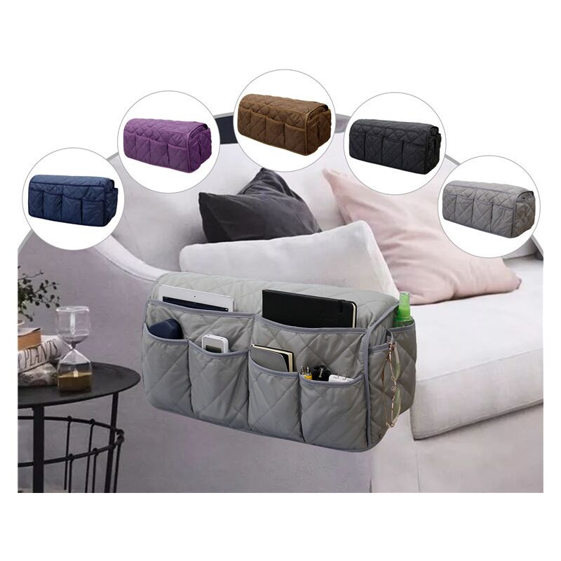 Organisateur Accoudoir Canapé - 5 Poches, Tissu Antidérapant Noir | Range Télécommande, Téléphone, Livres - 7
