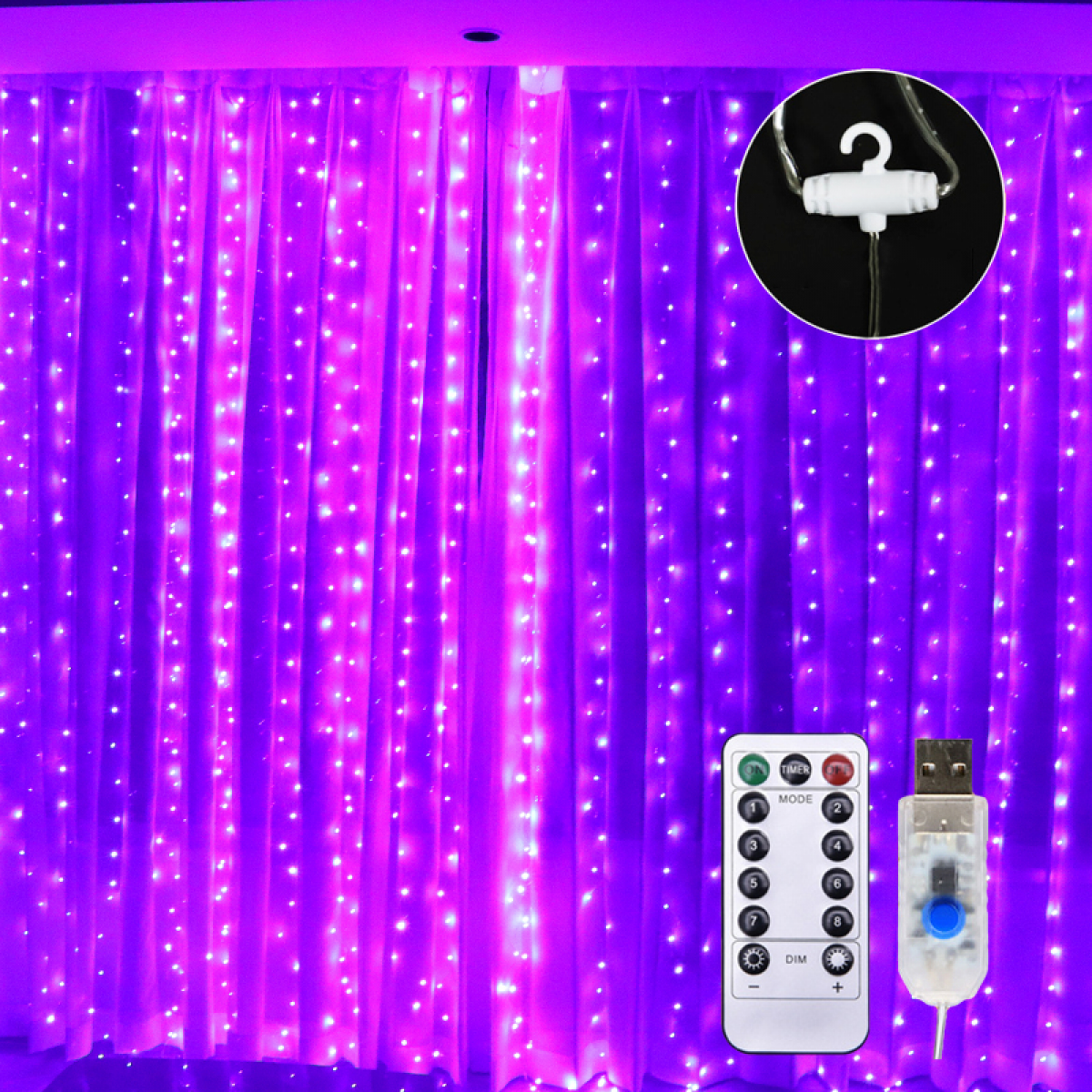 Kurtyna świetlna LED USB, 8 trybów świecenia, 300 x 300 cm, fioletowa na randki, wesela i spotkania