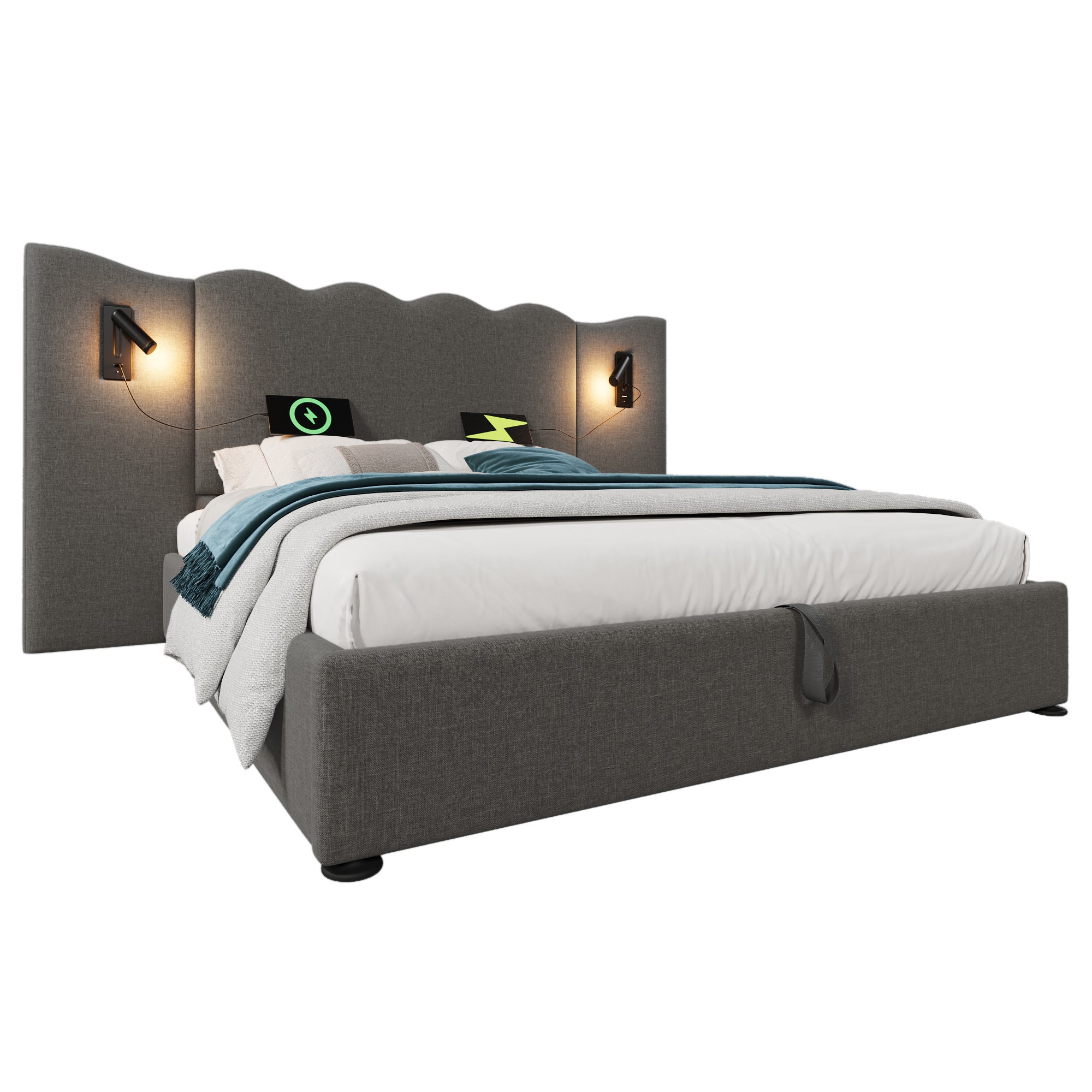Lit double rembourré 180×200 cm avec lampe de lecture et fonction de charge USB Type-C, bois massif et métal, gris, sans matelas - 9