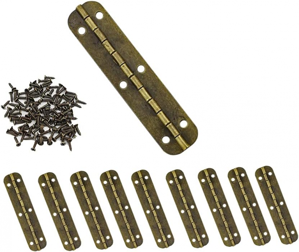 Zestaw 10 mini zabytkowych mosiężnych zawiasów do mebli, szuflad, drzwi, szafek, szkatułek na biżuterię, 65 x 15 mm z 60 śrubami (kolor brązowy)