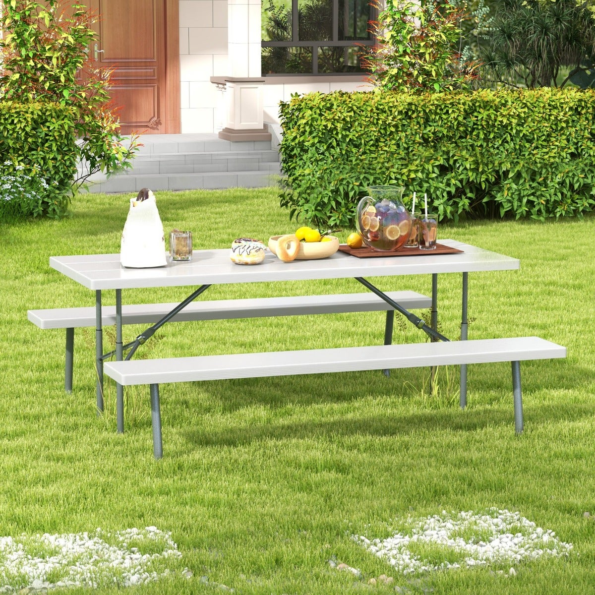 Table De Pique-Nique Pliable Giantex - Bois Sapin Et Fer - 300kg Charge - Avec 2 Bancs