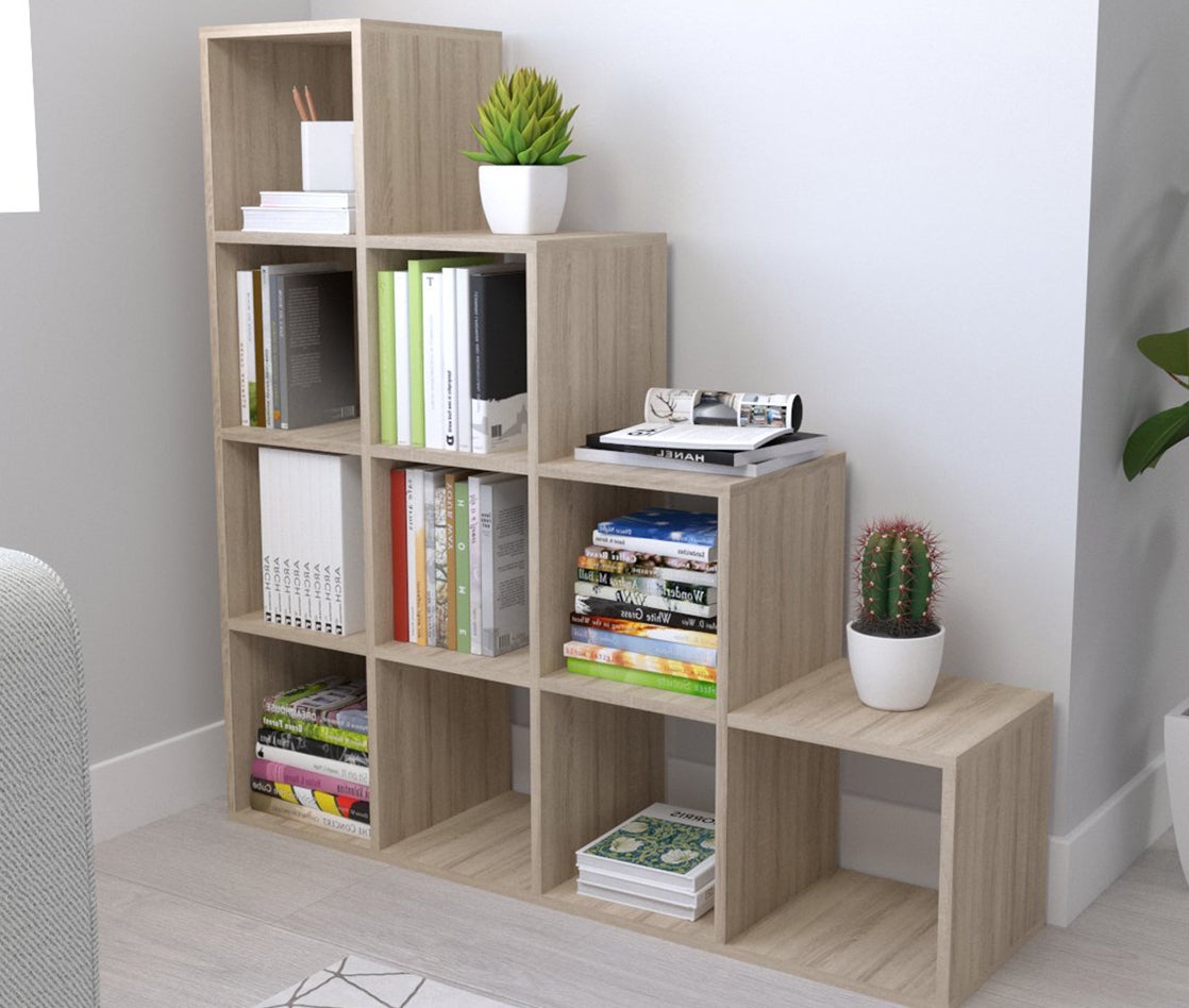 Estantería librería decoración,10 cubos en Forma de Escalera, 110 x 110 x 29 cm Roble Dormidán - 2