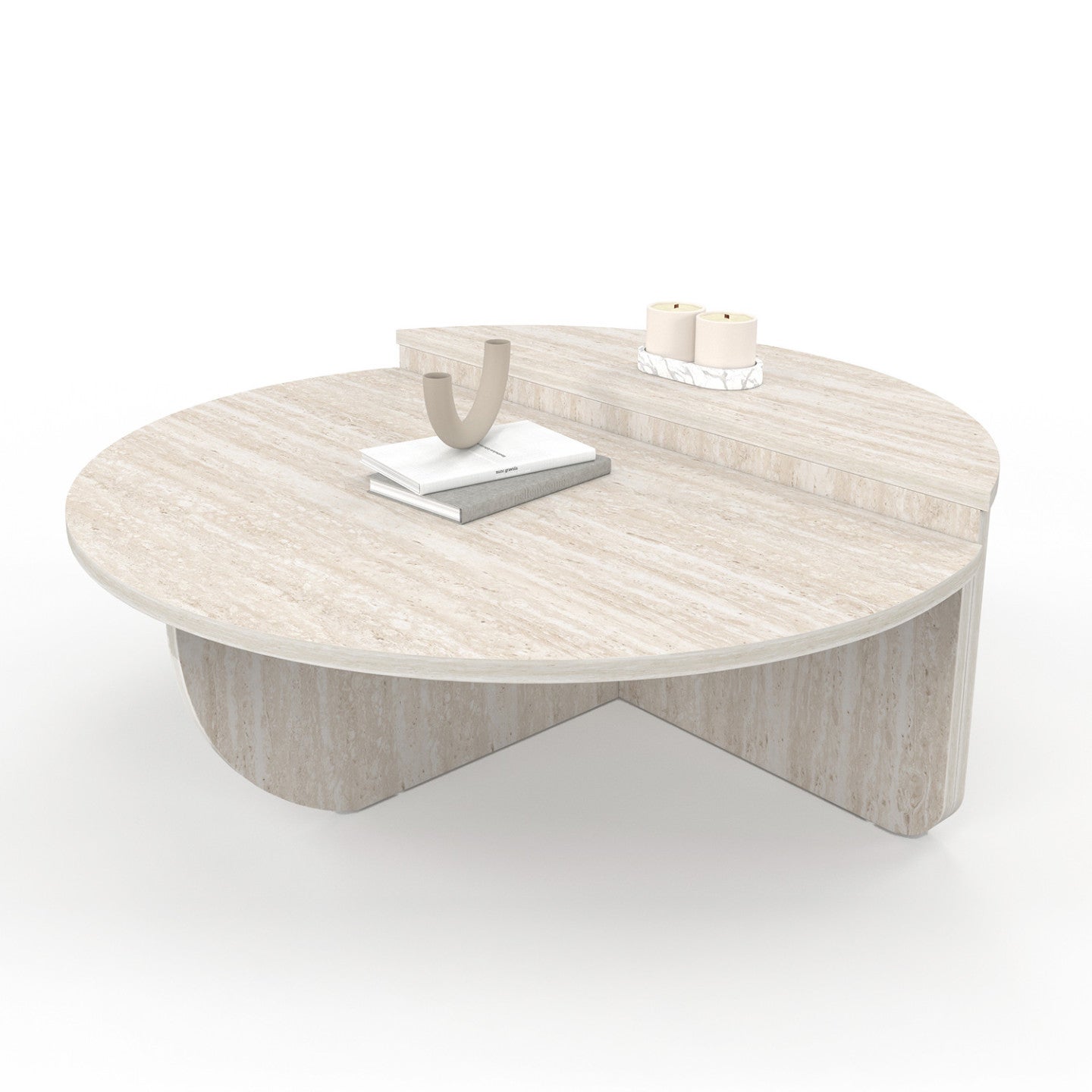 Lot de 2 tables basses rondes GUILIA 90 cm asymétriques effet travertin - 2