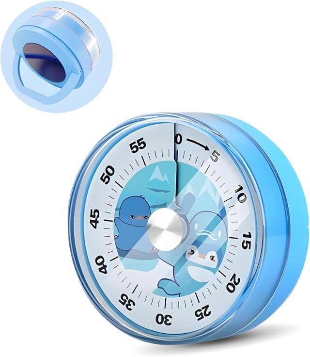 Timer dziecięcy, minutnik kuchenny, 60-minutowy mechaniczny minutnik z magnetyczną podstawą + ukryta podstawka, timer wizualny (niebieski)