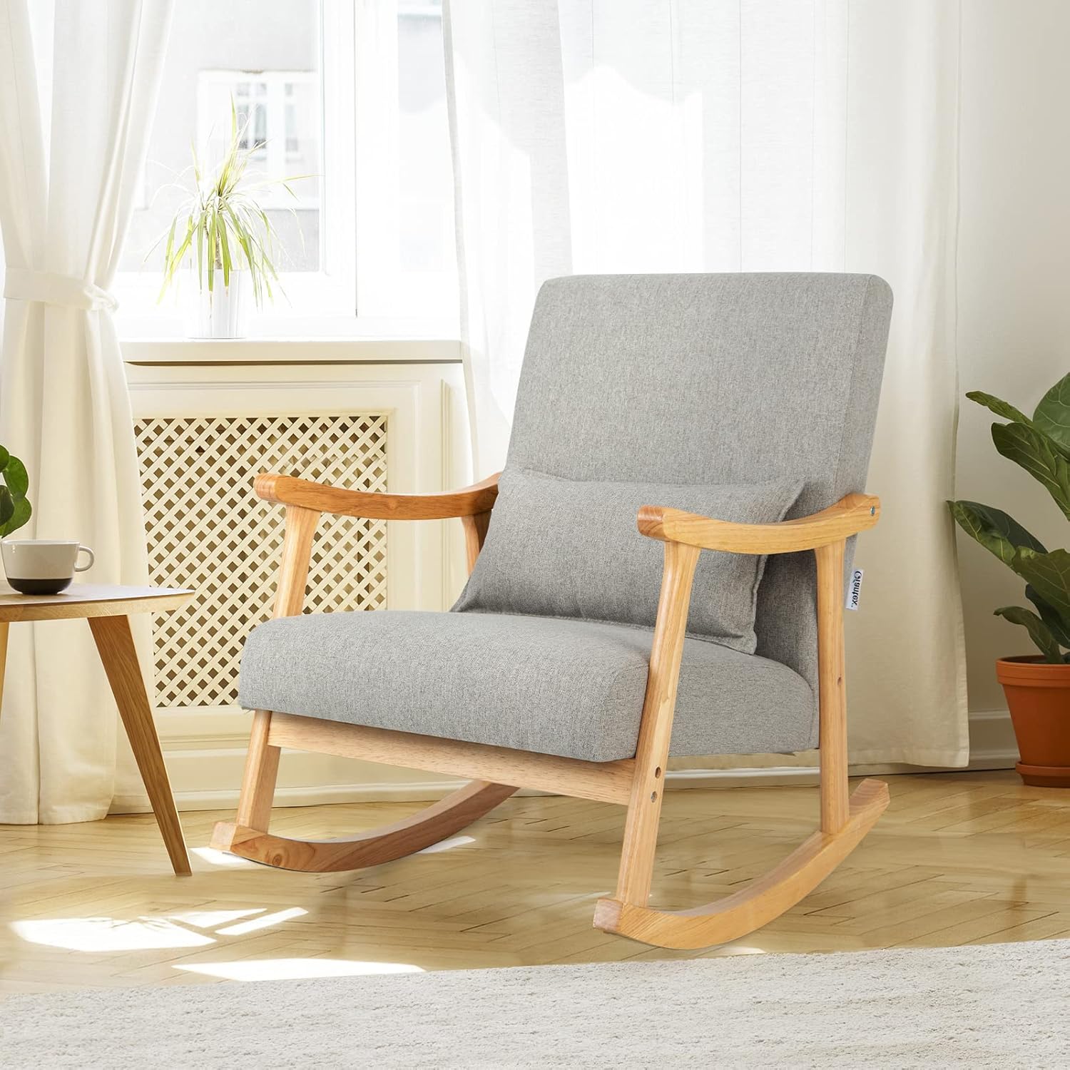 Krzesło Bujane Tapicerowane z Drewnianą Ramą z Drewna Kauczukowego, Ergonomicznym Oparciem i Wyściełanym Siedziskiem, z Poduszką Lędźwiową (Szary) - 8