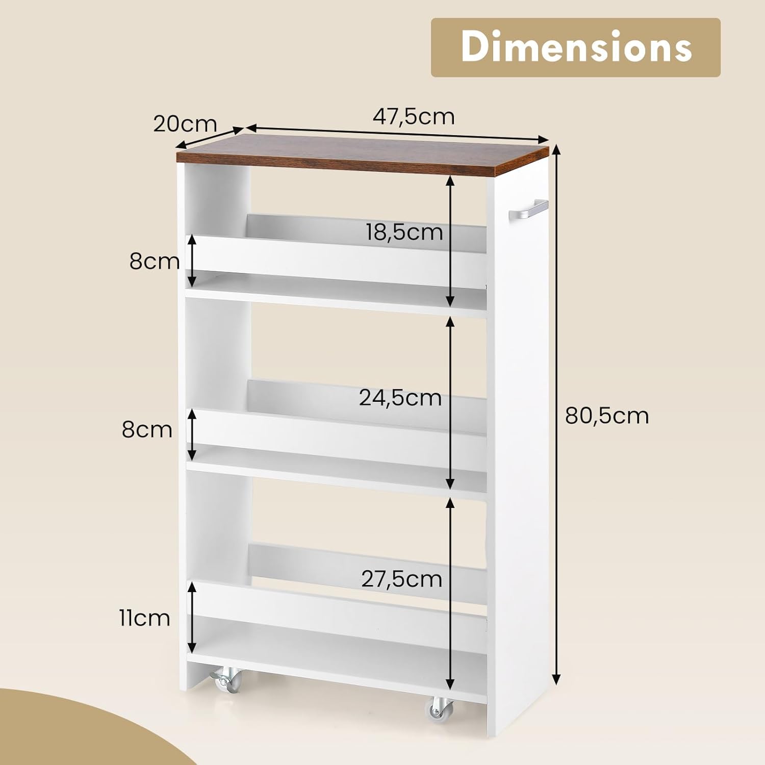 Chariot de Rangement Largeur 20 cm à roulettes, Desserte de Cuisine à 4 Niveaux, Poignée Latérale et Roues Universelles avec Freins (Blanc+ Brun) - 2