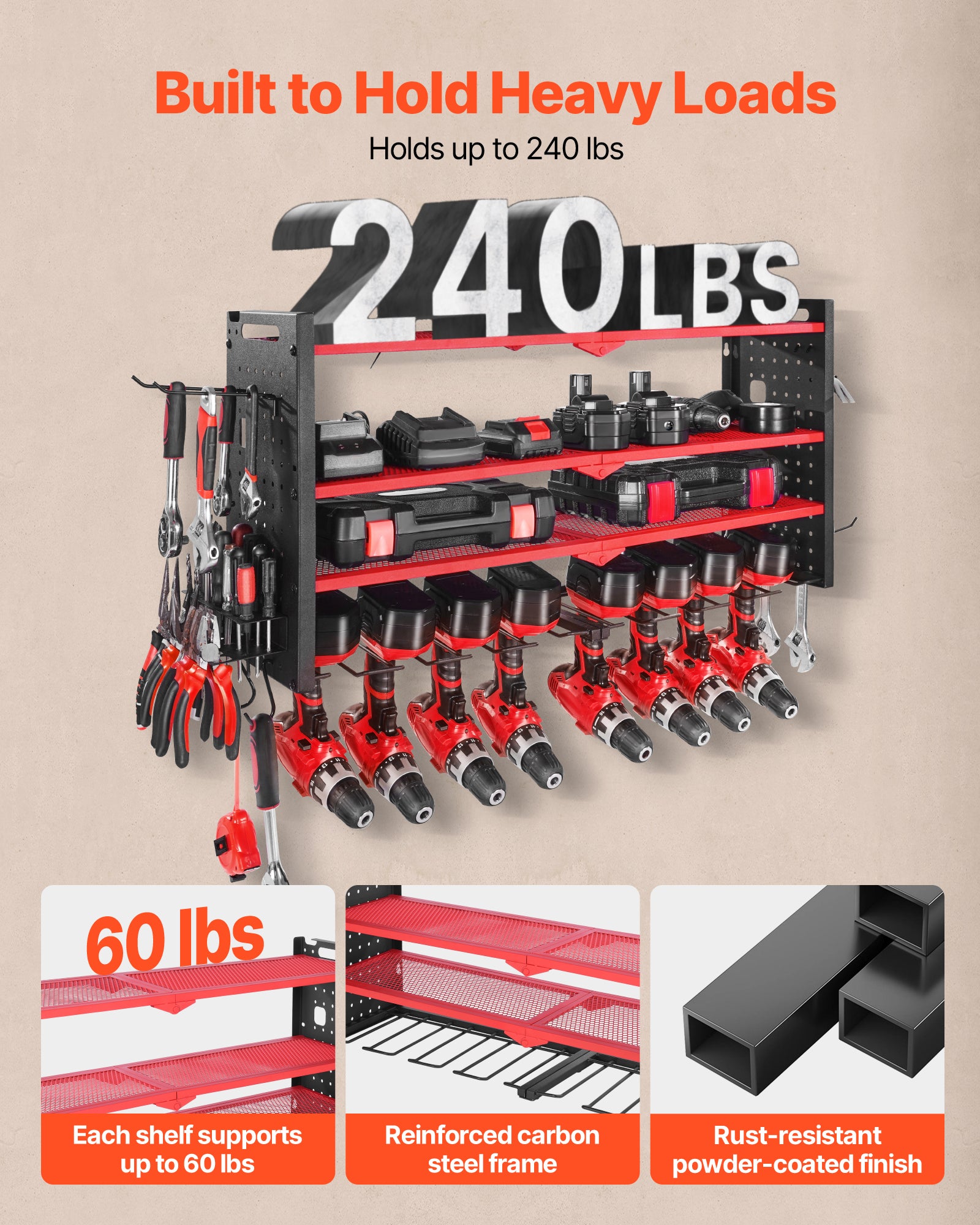 Organiseur mural outils électriques VEVOR, acier, 4 niveaux, 8 supports perceuse, panneaux perforés latéraux, étagère garage/atelier - 5