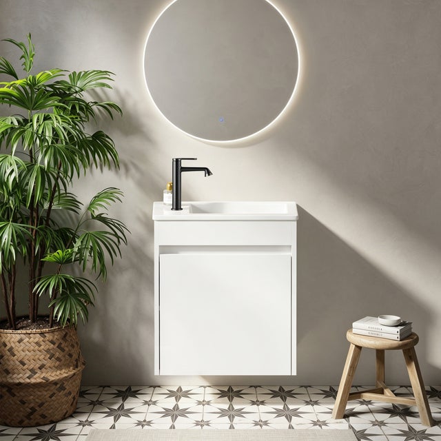 Meuble de salle de bain 46 x 26 x 51 cm, grand espace de rangement, porte à fermeture douce et silencieuse, MDF + céramique, Blanc