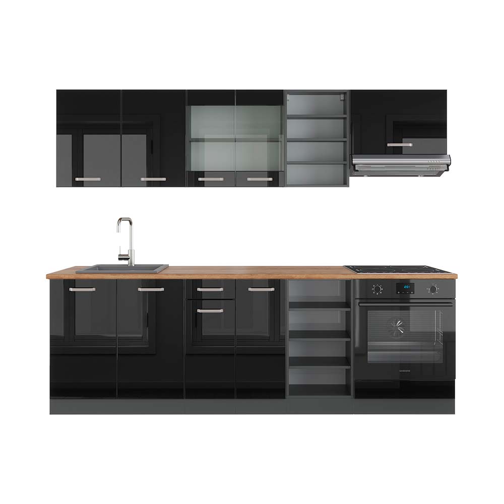 Vicco Zabudowa kuchenna R-Line, Czarny/antracyt o wysokim połysku, 240 cm , BP Dąb