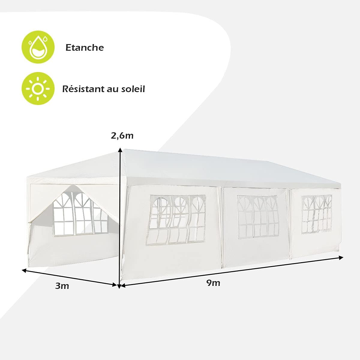 Tonnelle de Jardin/Tente de Réception 3x9m-27㎡ PE Barnum Imperméable avec Fenêtres 8 Bâches Amovibles, avec Piquets et Cordes - 4