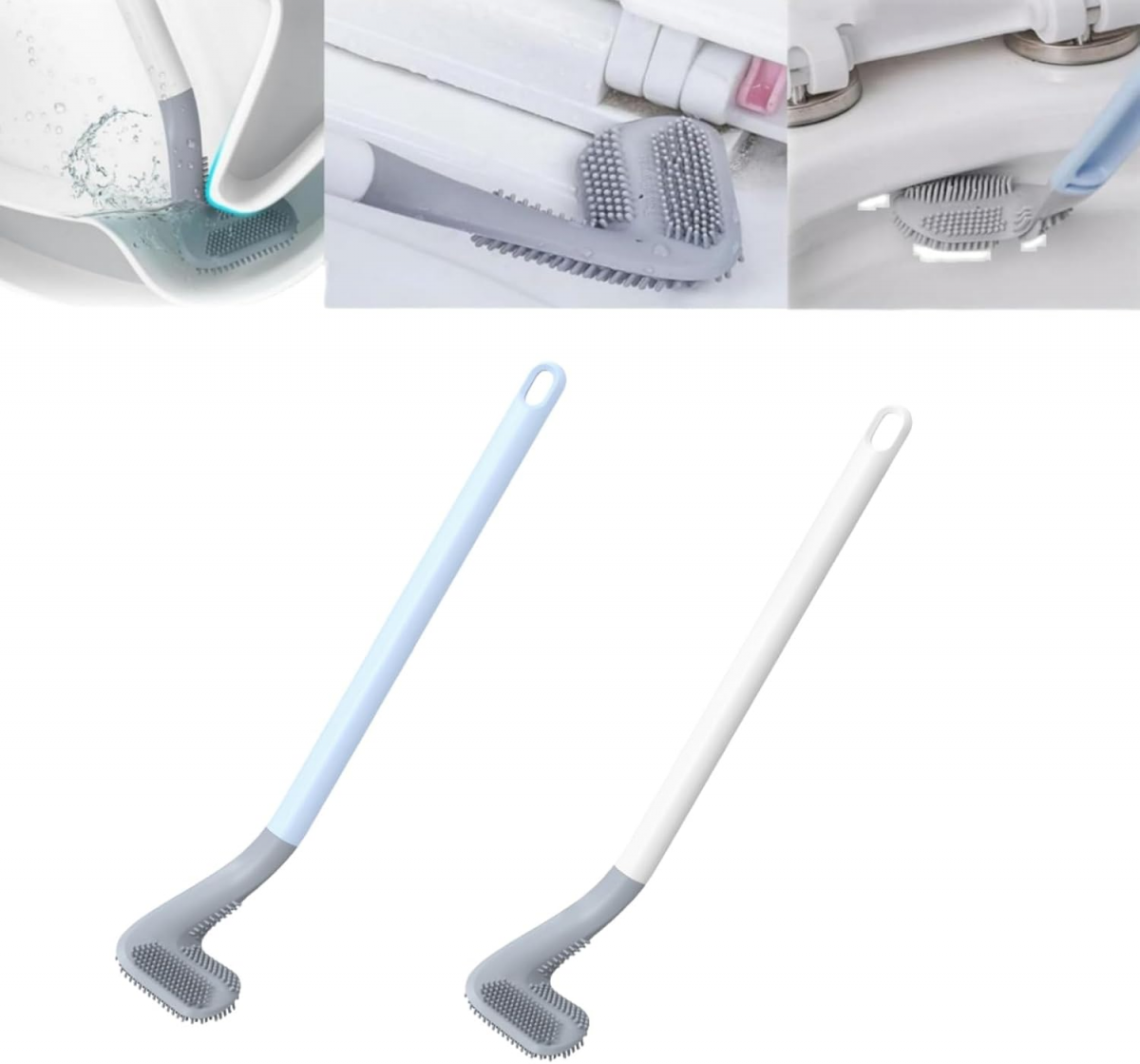 Set de 2 perii de toaletă din silicon cu mâner lung, cap de golf, rotire la 360°, fără unghiuri ascunse 2buc