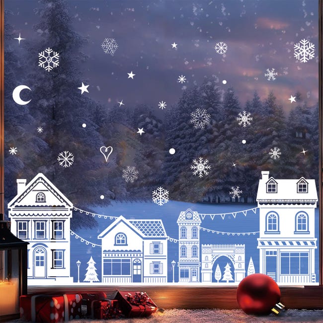 Stickers Fenêtre Noël électrostatiques – Réutilisables, Sans Colle – Motifs étoiles, Flocons – 6 Feuilles 30x20 Cm