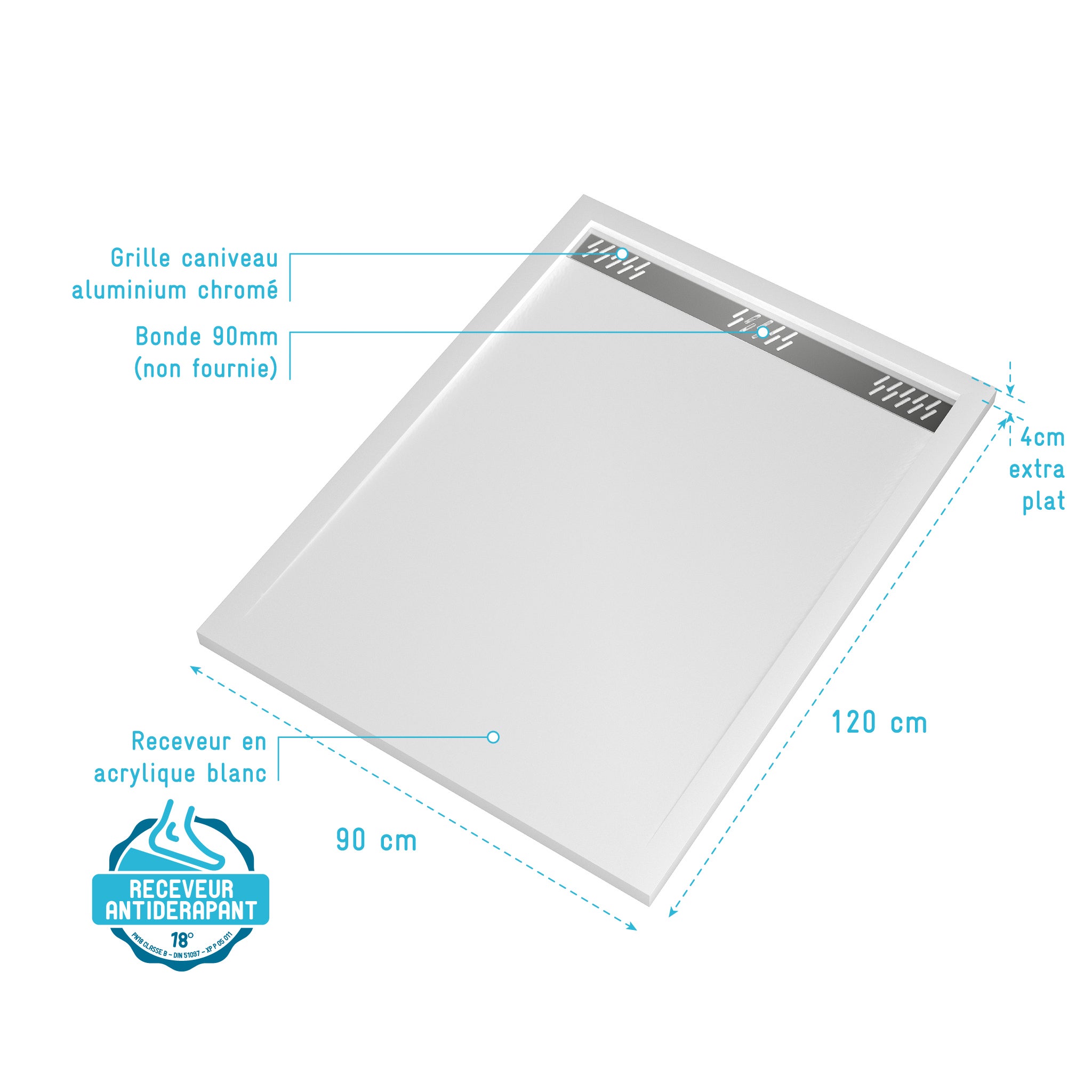 Receveur en acrylique Blanc 90x120x4 cm - Grille Linéaire Chrome - WHITENESS II - 4