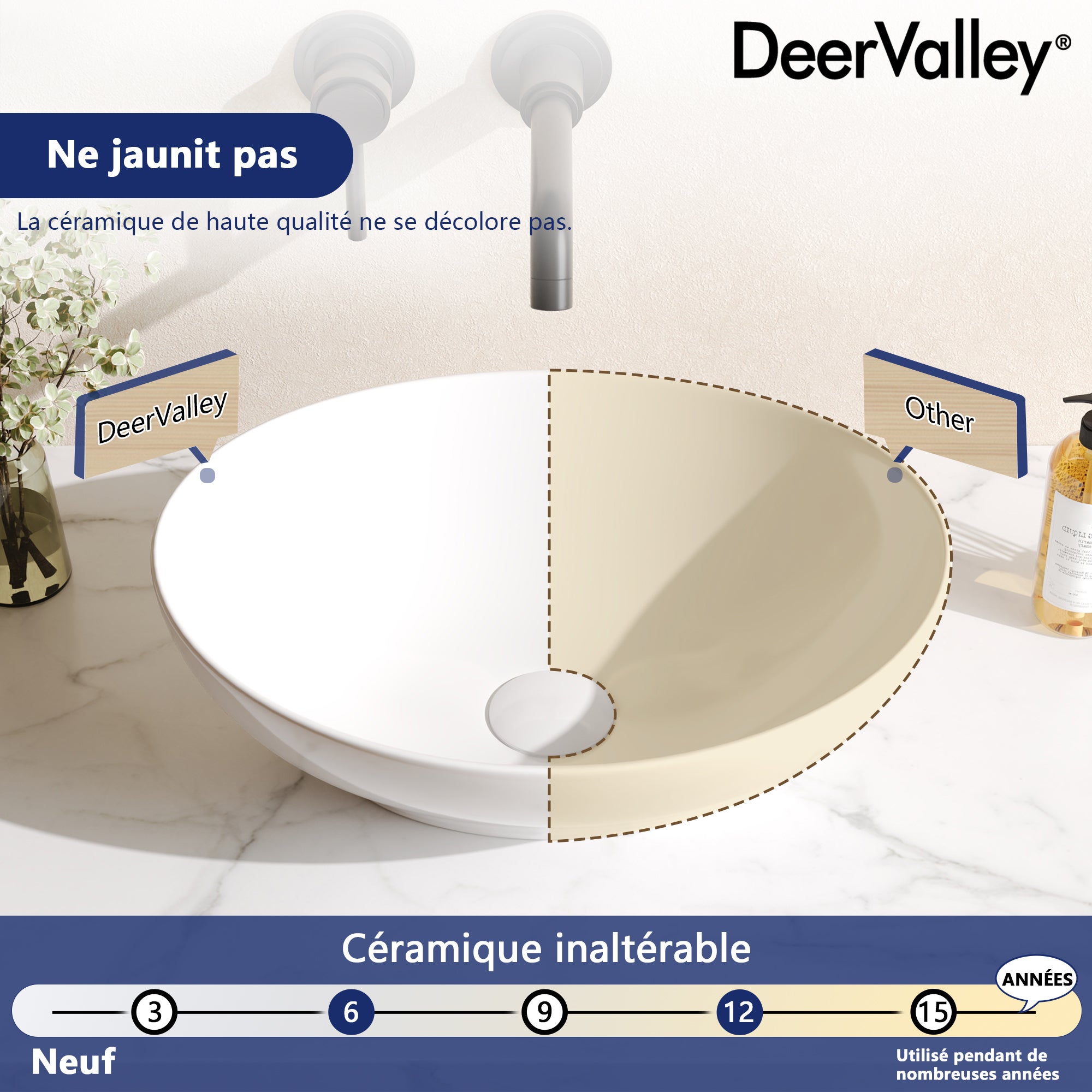 Vasque à Poser Salle de Bain Ovale DeerValley – Vasque a Poser en Céramique Blanc, 41 x 33 x 14.5cm - 5