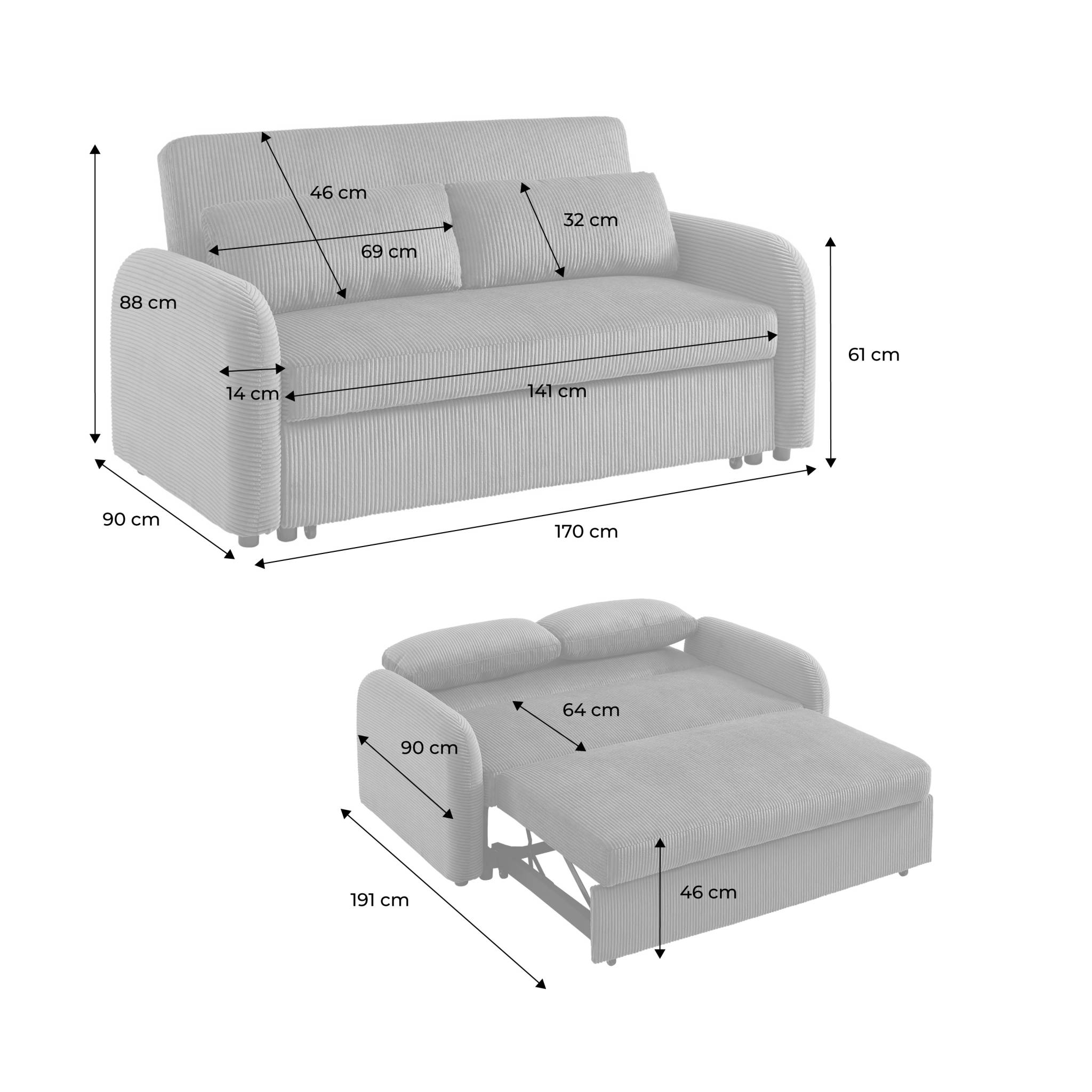 Divano letto arrotondato in tessuto bouclé, 2 posti, Crema - 6