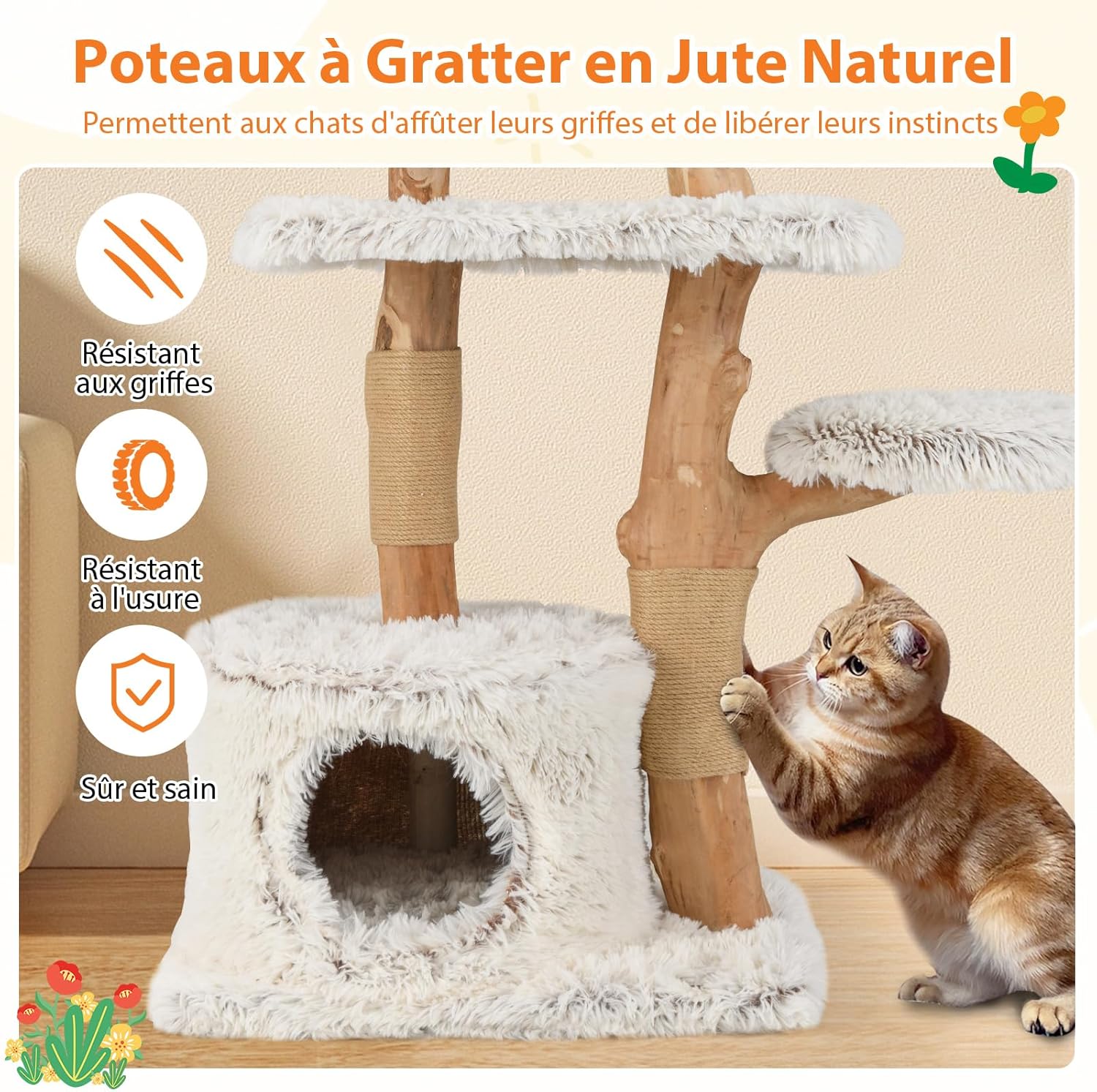 Árvore para Gatos de Madeira Natural de 135 cm, Árvore para Gatos de 5 Níveis com Postes de Arranhadores, Poleiro de Flores de , Condomínio, B - 4