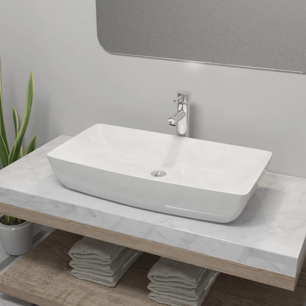 Umywalka z baterią mieszającą, ceramiczna, prostokątna, biała vidaXL