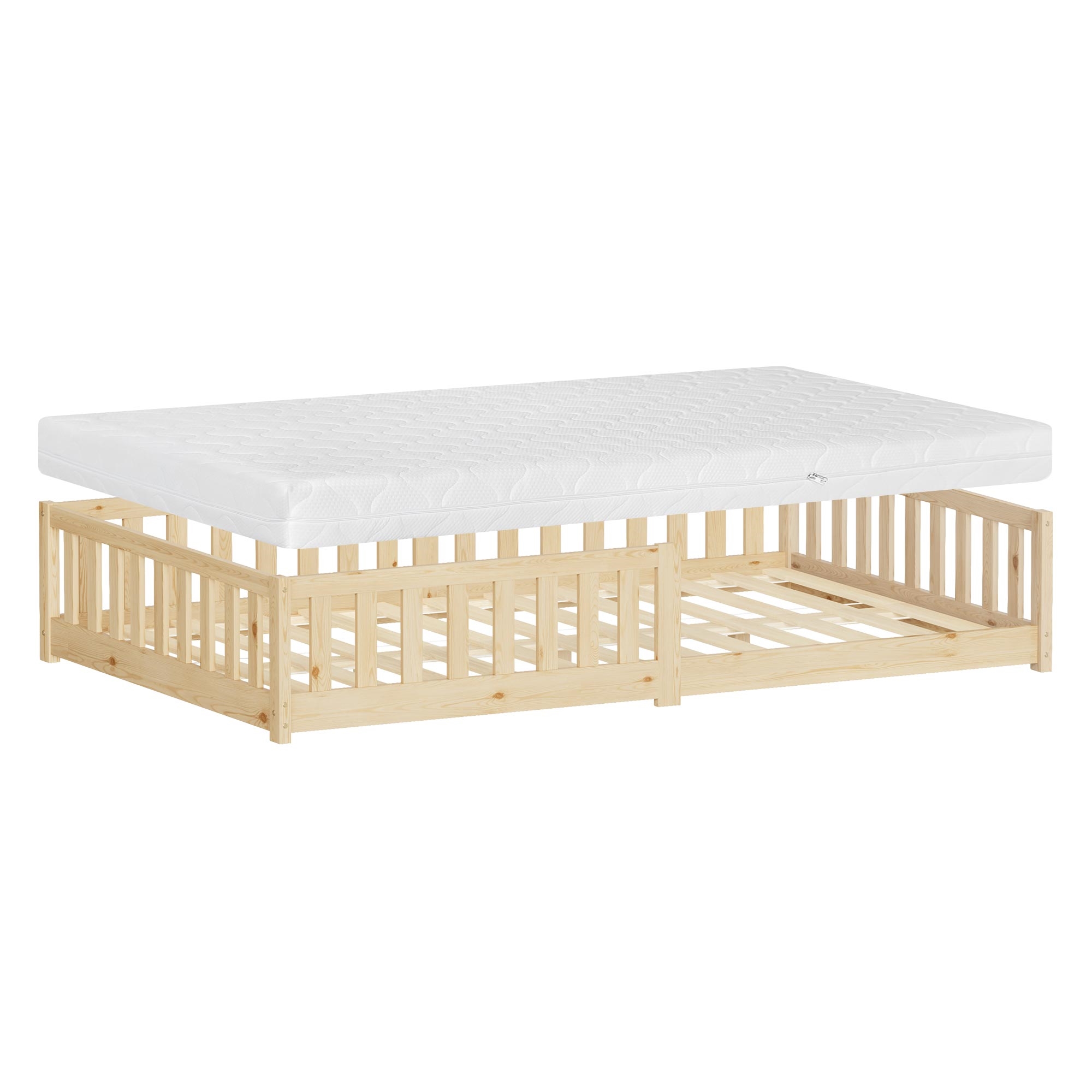 ML-Design łóżko dziecięce montessori 120x200 cm naturalne H:16 cm podlogowe z materacem solidnym stelazem i zabezpieczeniem lite drewno sosnowe