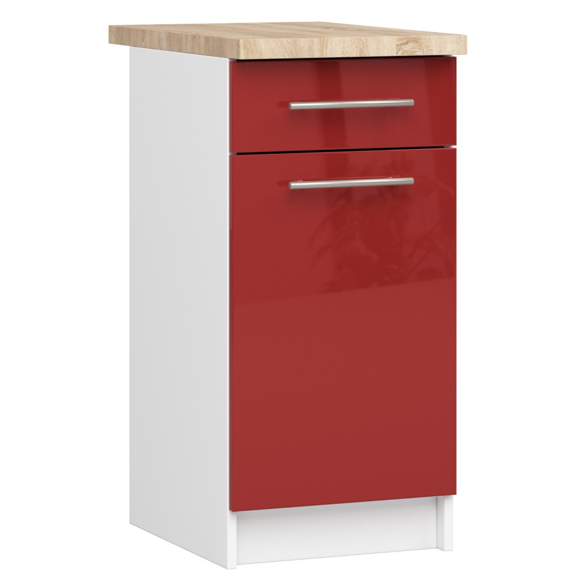 Szafka kuchenna na nóżkach: 1 szuflada, 1 drzwi, 2 półki, kolor biały | połyskujący czerwony, szer.: 40 cm, wys.: 85 cm, gł.: 46 cm.