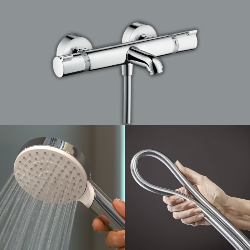 Pack mitigeur bain thermostatique HANSGROHE Ecostat Comfort + Flexible Isiflex 1,6m + Pommeau Vernis Blend EcoSmart chromé - 2