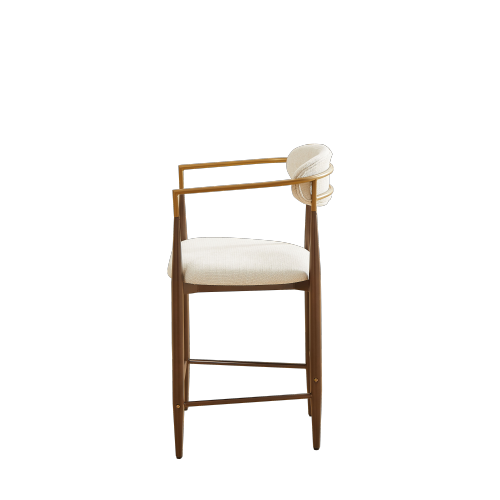 Lot de 2 tabourets de cuisine en tissu et métal marron, 2 sièges, beige avec dossier incurvé, accoudoirs, rembourrés - OKWISH - 7