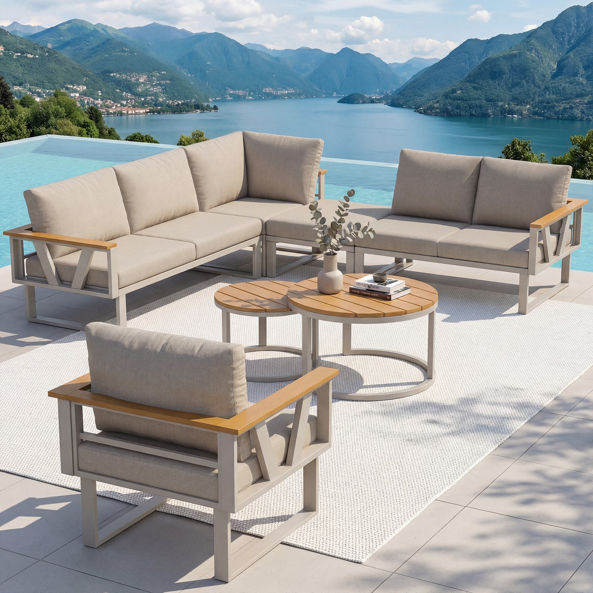 Salon de jardin - 6-7 places - en fer galvanisé - canapé d'angle - avec table basse gigogne - en bois plastique - fauteuil - repose-pieds, Beige - 2