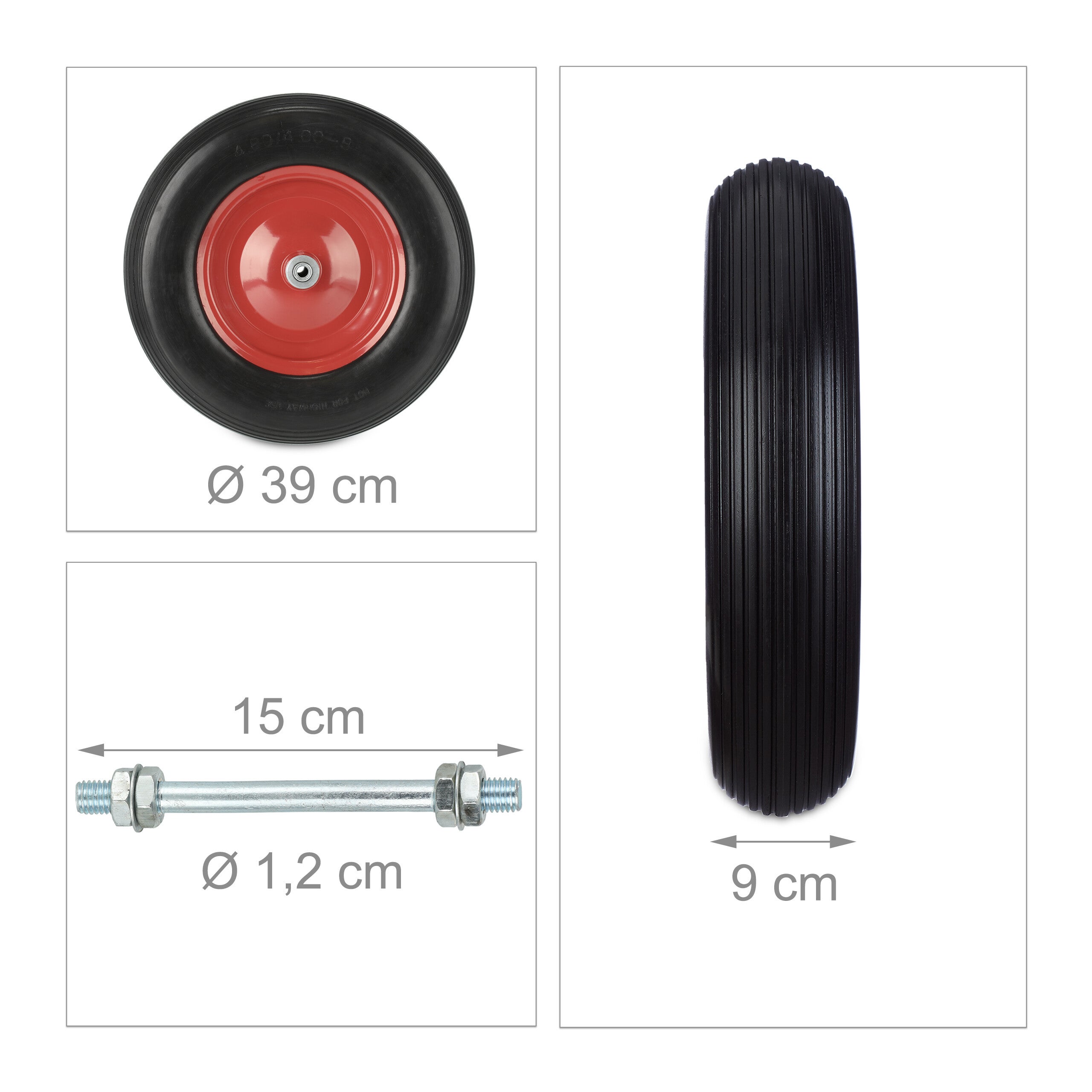 Roue de brouette avec axe 4.80 4.00-8, caoutchouc, jante en acier, pneu rechange, increvable, noir/rouge, Relaxdays - 4