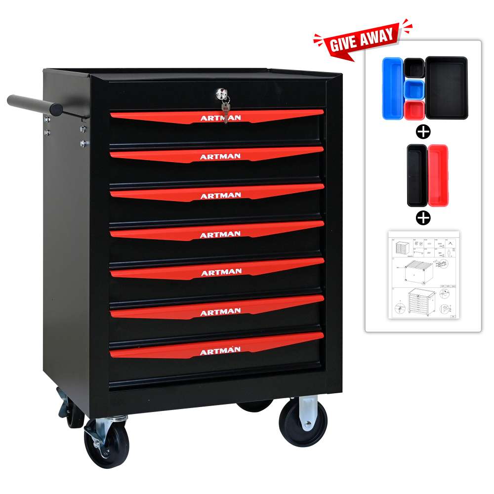 Caja de Herramientas Móvil de Metal 7 Cajones con Ruedas, Organizador de Acero Negro y Rojo con Cerradura y Guías de Bolas - 3