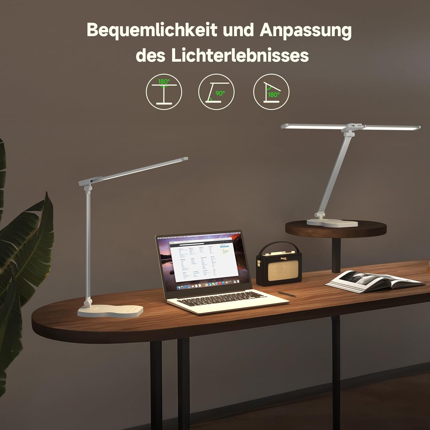 Lampe de bureau LED, lampe de bureau à double bras avec 5 couleurs et 10 niveaux de luminosité, lampe de lecture avec minuterie, lampe de table - 6
