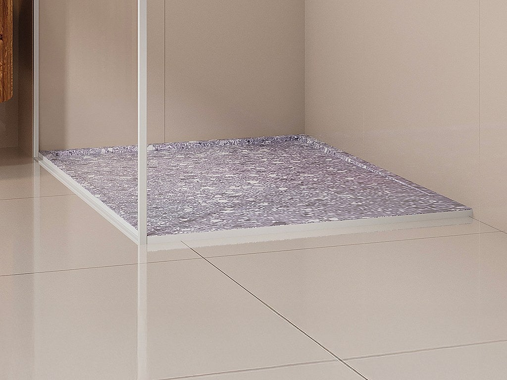 Brodzik płaski posadzkowy lub wpuszczany w posadzkę do przycięcia z żywicy SMC z syfonem - Efekt szarego lastryko - 120 x 90 cm - LYROSA