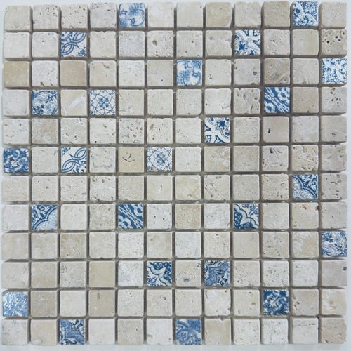 Albedo Pierre - Mosaïque en Travertin Blanc ivoire - Motifs Bleus 2,3X2,3X1 CM