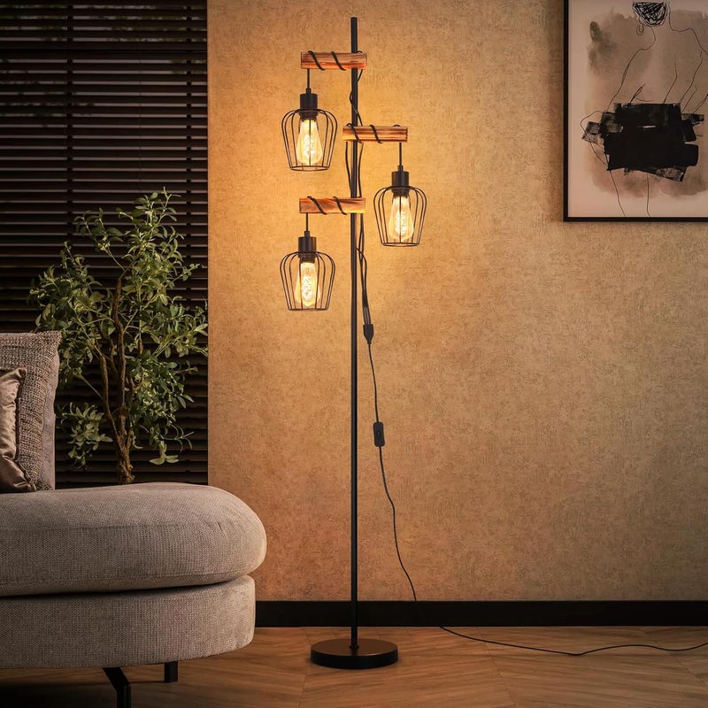 NETTLIFE Lampa Podłogowa Vintage Drewniana, 3-punktowa E27, Stojąca Lampa Loft Industrialna do Salonu i Sypialni (Bez Żarówki)