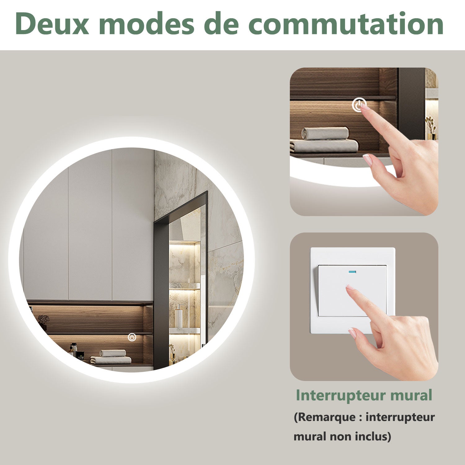 AICA Miroir lumineux rond 60cm anti-buée +dimmable + mémoire, miroir de salle de bain - 6