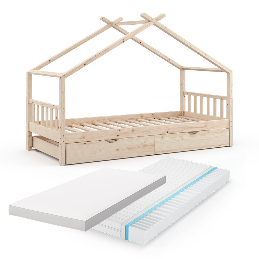 Vitalispa Łóżko domowe Design, Naturalne drewno, 90x200 cm z łóżkiem dla gości i 2 materacami