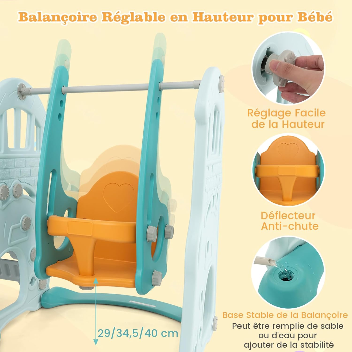 4 en 1 Toboggan Enfant Pliable avec Balançoire Réglable & Panier de Basketball, avec Échelle d’Escalade & Ballon, Charge 30kg pour 18 Mois+ - 4
