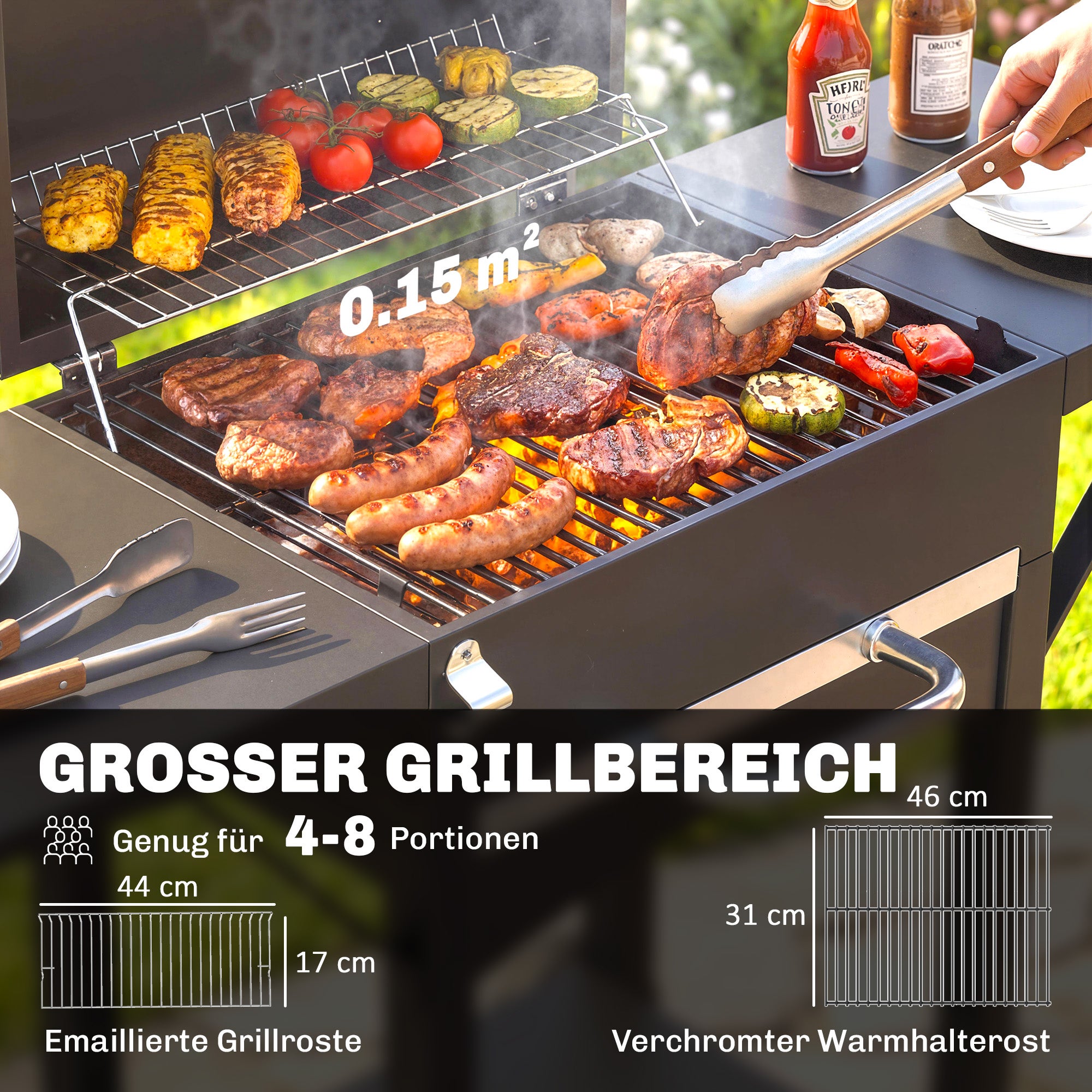 Barbecue à charbon avec couvercle, fumoir avec 2 tablettes latérales, grande surface de cuisson, grille, thermomètre, roulettes - 6