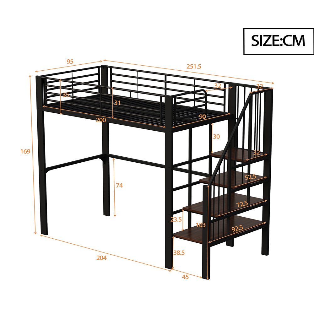 Lit mezzanine 90x200 avec structure métallique stable grand rangement sous lit et escalier pour enfants et adultes - 7