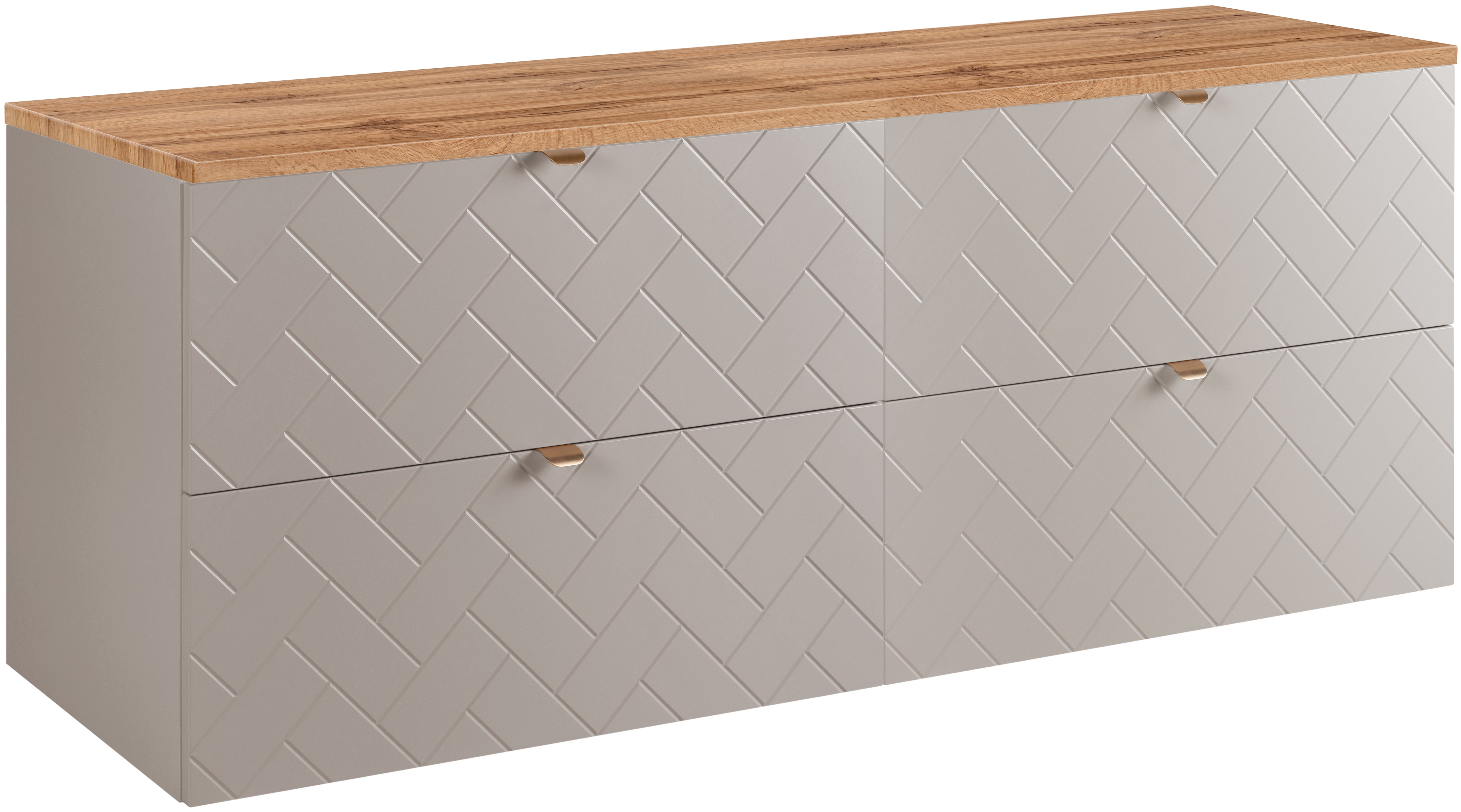 Kaszmirowa szafka pod umywalkę MADIS 160 cm z blatem dąb wotan, wisząca, frezowane szuflady