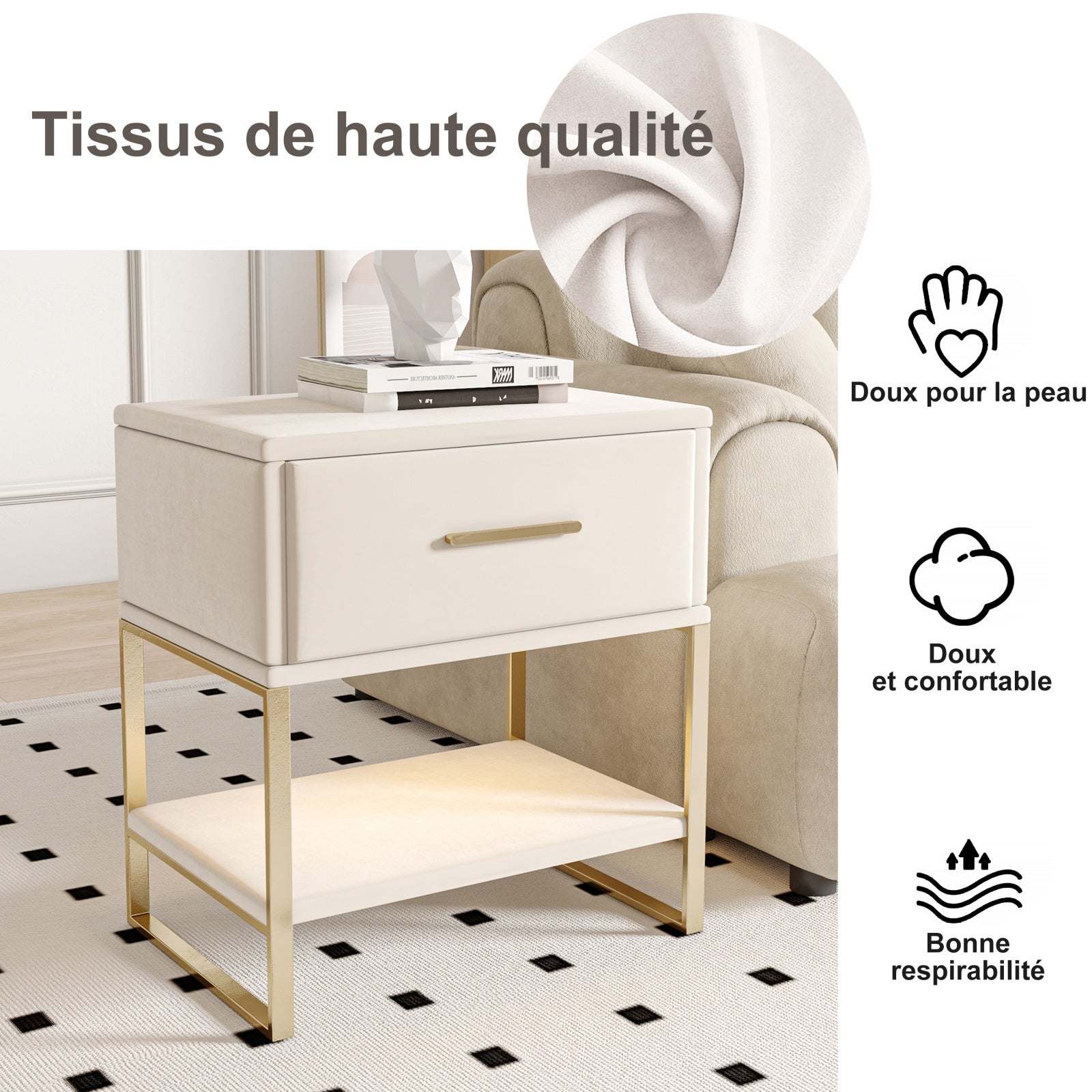 Lot de 2 Tables de chevet avec tiroir, éclairage LED et étagère ouverte – Cadre métallique doré,40×31×50 cm,velours beige - 5
