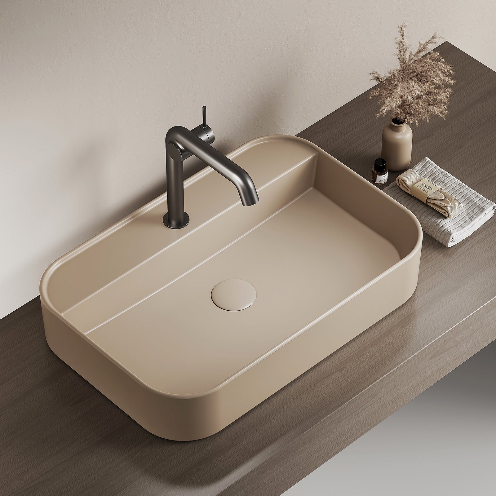 EMKE Lavoar cu montaj pe blat din ceramică, dreptunghiular, 60 x 40 x 11 cm, bej mat, cu orificiu pentru baterie
