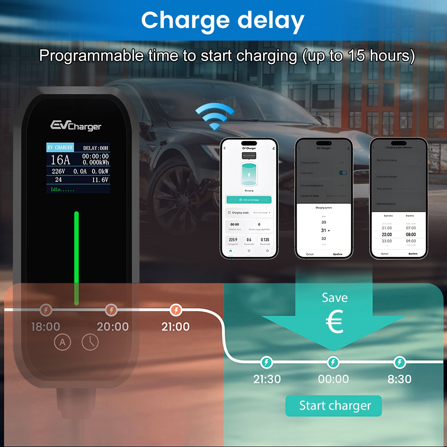 Carregador para Veículos Elétricos 11 kW 16A Trifásico Tipo 2 - Cabo de 6m com tomada CEE 7/7 Adaptador, LCD, Certificação IEC62196 & IP65 - 6