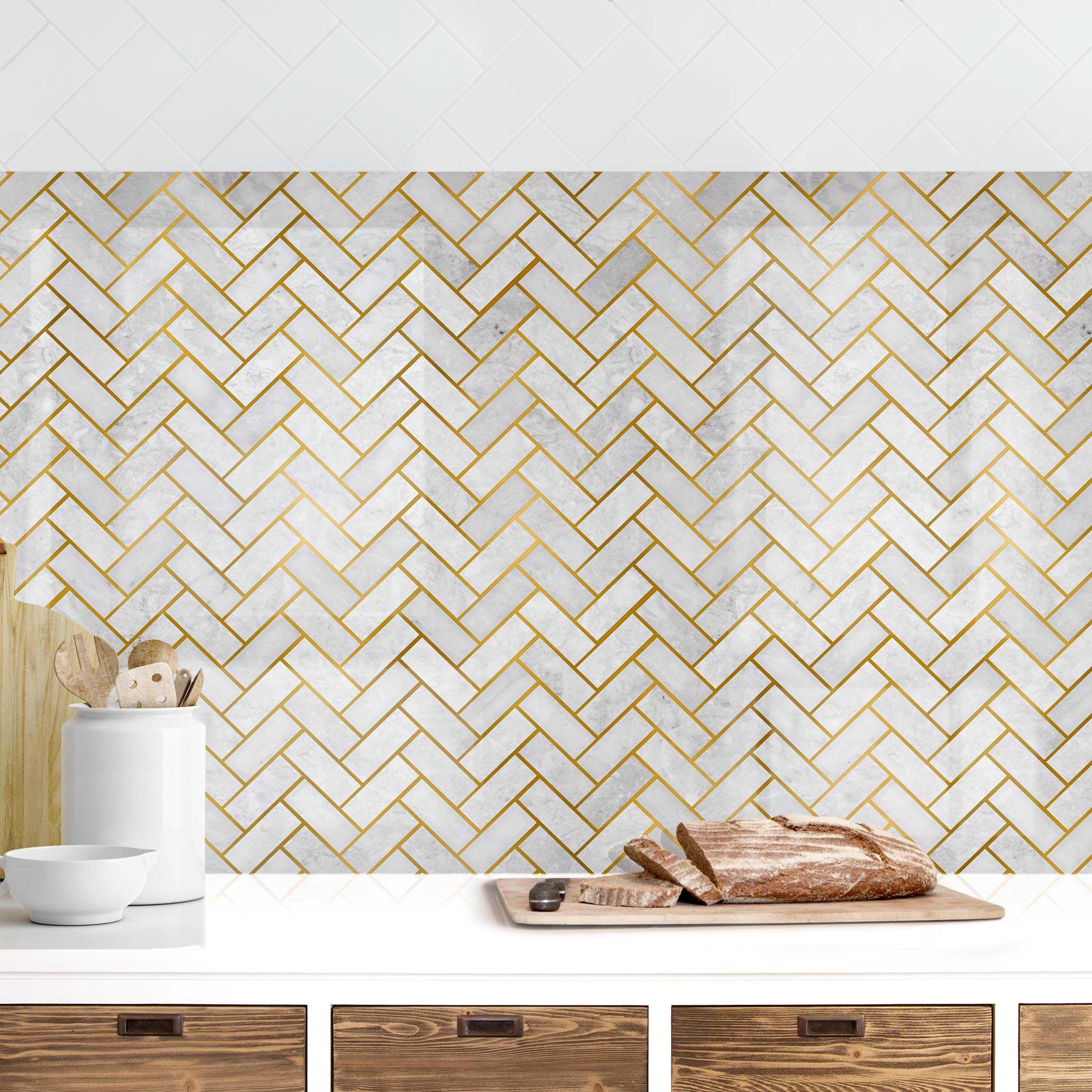 Salpicadero cocina adhesivo - marble fish bone tiles - light greyish gold 50 x 60 cm