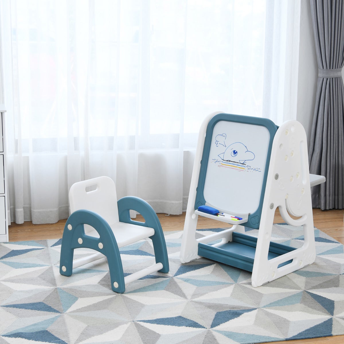 Caballete infantil 2 en 1 pizarra magnética doble cara con estantería y silla regulable azul 62,5x53x71-100cm