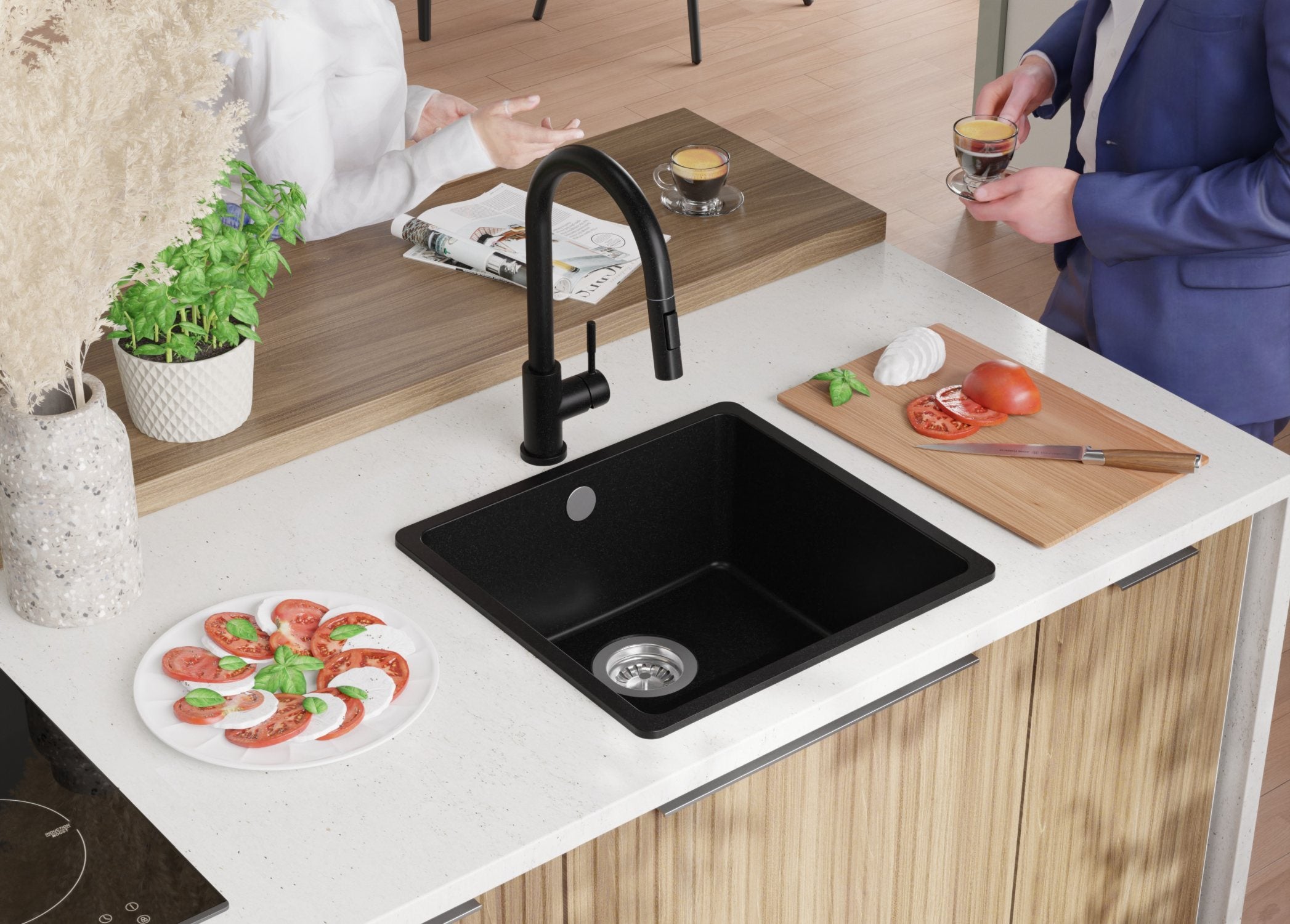 Lavandino da Cucina Tutto Nero 46x44cm, Lavello in Granito a 1 vasca + Sifone Classico + Accessori, Lavabo da Cucina Incasso al mobile 50cm PRIMAGRAN - 4